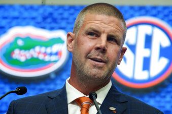 FILE - Florida head coach Billy Napier speaks during an NCAA college football news conference at the Southeastern Conference Media Days, on July 20, 2022, in Atlanta. Napier’s recruiting prowess has been on display the last two months. The team's 2023 class is now ranked in the top 10 by Rivals and 247 Sports. The bump coincides with Florida opening an $85 million facility that should help get the program back on level footing with the Southeastern Conference heavyweights. (AP Photo/John Bazemore, File)