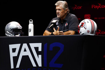 FILE - Utah head coach Kyle Whittingham speaks during Pac-12 Conference men's NCAA college football media day Friday, July 29, 2022, in Los Angeles. No. 7 Utah visits Florida Field on Saturday, Sept. 3, for what will arguably be the Gators' biggest non-conference game in nearly a decade. (AP Photo/Damian Dovarganes, File)