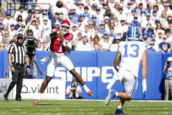 Arkansas quarterback KJ Jefferson (1) throws a pass against BYU during an NCAA college football game Saturday, Oct. 15, 2022, in Provo, Utah. (Ben B. Braun/The Deseret News via AP)