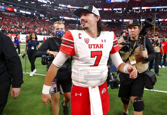 Utah quarterback Cameron Rising (7) walks across the field after Utah's 47-24 victory over Southern California in the Pac-12 Conference championship NCAA college football game Friday, Dec. 2, 2022, in Las Vegas. (AP Photo/Steve Marcus)