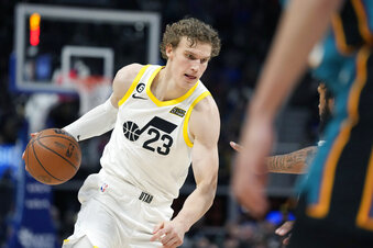 Utah Jazz forward Lauri Markkanen (23) drives during the second half of an NBA basketball game against the Detroit Pistons, Tuesday, Dec. 20, 2022, in Detroit. (AP Photo/Carlos Osorio)
