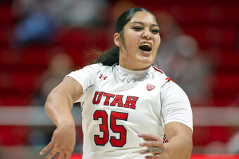 FILE - Utah forward Alissa Pili (35) celebrates a basket during an NCAA basketball game against Oklahoma on Wednesday, Nov. 16, 2022, in Salt Lake City, Utah. Leading scorer Alissa Pili has No. 8 Utah off to a 14-0 start and the program's highest ranking in school history. (AP Photo/Tyler Tate, File)
