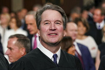 FILE - Supreme Court Associate Justice Brett Kavanaugh watches as President Donald Trump arrives to give his State of the Union address to a joint session on Congress at the Capitol in Washington, on Feb. 5, 2019. A new documentary looks into the sexual misconduct allegations against Kavanaugh and raises questions about the depth of the FBI investigation in 2018. “Justice,” from filmmaker Doug Liman, debuted Friday, Jan. 20, 2023, at the Sundance Film Festival to a sold-out theater surrounded by armed guards. (Doug Mills/The New York Times via AP, Pool, File)
