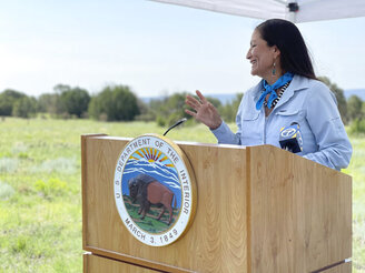 FILE - In this photo released by the Office of the Secretary Department of the Interior, U.S. Interior Secretary Deb Haaland speaks at the Sabinoso Wilderness in Las Vegas, N.M., July 17, 2021. The U.S. Department of the Interior renamed five places in four states that had featured a racist term for a Native American woman until Thursday, Jan. 12, 2023. (Felicia A. Salazar/U.S. Department of the Interior via AP, File)