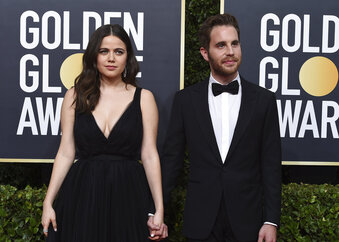 FILE - Molly Gordon, left, and Ben Platt arrive at the 77th annual Golden Globe Awards at the Beverly Hilton Hotel on Sunday, Jan. 5, 2020, in Beverly Hills, Calif. Gordon and Platt appear in “Theater Camp,” a loving satire of musical theater kids and their teachers that premieres Saturday at the Sundance Film Festival.  (Photo by Jordan Strauss/Invision/AP, File)