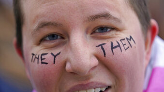 Zee Kilpack is photographed at a rally where hundreds gathered in support of transgender youth at the Utah State Capitol, Tuesday, Jan. 24, 2023, in Salt Lake City. Utah lawmakers on Friday, Jan. 27, 2023, gave final approval for a measure that would ban most transgender youth from receiving gender-affirming health care like surgery or puberty blockers. (AP Photo/Rick Bowmer)
