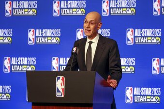 NBA Commissioner Adam Silver answers questions during the NBA basketball All-Star weekend Saturday, Feb. 18, 2023, in Salt Lake City. (AP Photo/Rob Gray)