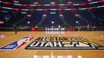 The Vivint Arena is shown during the transformation taking place inside the arena before the start of the NBA basketball All-Star weekend Wednesday, Feb. 15, 2023, in Salt Lake City. More than 60 players are making their way to Salt Lake City for All-Star weekend, some of them for the first time, one of them for the 19th time. And while some events will tout the league's future, many will be celebrating the past.(AP Photo/Rick Bowmer)