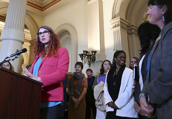 State Rep. Brianna Titone, Colorado's first transgender lawmaker, speaks to the media supporting a package of bills to protect abortion and reproductive rights during a news conference in the West Foyer at the Colorado State Capitol, Thursday, March 9, 2023, in Denver. (RJ Sangosti/The Denver Post via AP)