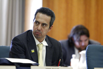 FILE - Sen. Moe Maestas, D-Albuquerque, sits at the House Judiciary Committee, at the Capitol on Monday, Feb. 8, 2016, in Santa Fe, N.M. Democratic state Sens. Maestas and Jerry Ortiz y Pino introduced a bill Tuesday, Jan. 24, 2023, that would prohibit local governments and state agencies from contracting to detain immigrants in civil cases with U.S. Immigration and Customs Enforcement and private detention facilities. The bill could unwind contractual agreements that help detain immigrants at three privately operated detention centers in New Mexico within close driving distance of the U.S. border with Mexico. (Luis Sanchez Saturno/Santa Fe New Mexican via AP, File)