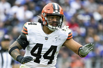 FILE - Cleveland Browns linebacker Sione Takitaki (44) plays during the second half of a NFL football game against the Baltimore Ravens, Sunday, Oct. 23, 2022, in Baltimore. The Cleveland Browns are bringing back linebacker Sione Takitaki after a strong season cut short by injury, a person familiar with the negotiations told The Associated Press on Tuesday, March 14, 2023.  (AP Photo/Terrance Williams, File)