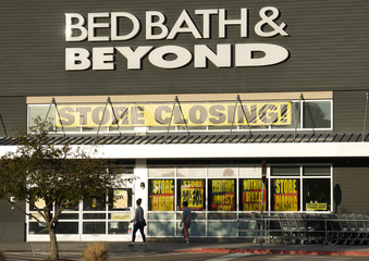 Shoppers enter exit a Bed Bath & Beyond store Monday, May 29, 2023, in Glendale, Colo. Overstock.com  is dumping its name online and becoming Bed Bath & Beyond. The news, announced Wednesday, June 28, comes as a federal bankruptcy court  approved the online retailer’s bid to buy the bankrupt retailer’s intellectual property assets for $21.5 million.  (AP Photo/David Zalubowski)