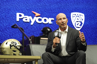 Colorado defensive coordinator Charles Kelly speaks at an NCAA college football Pac-12 media day Friday, July 21, 2023, in Las Vegas. (AP Photo/Lucas Peltier)