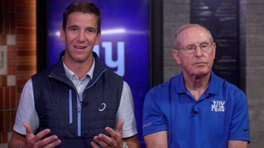 NY Giants greats Eli Manning and Tom Coughlin team up for childhood cancer awareness