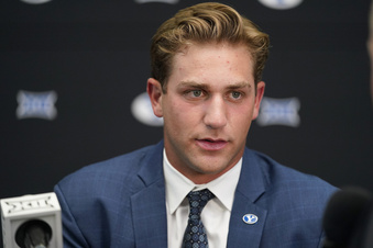 FILE - BYU quarterback Kedon Slovis speaks to reporters during the Big 12 college football media days in Arlington, Texas, Wednesday, July 12, 2023. BYU opens their season at home against Sam Houston State on Sept. 2. (AP Photo/LM Otero, File)