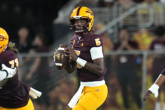 Arizona State quarterback Jaden Rashada looks to throw a pass against Southern Utah during the first half of an NCAA college football game Thursday, Aug. 31, 2023, in Tempe, Ariz. (AP Photo/Ross D. Franklin)