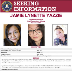 This FBI poster shows Jamie Yazzie, a Navajo woman who went missing in the summer of 2019 from her community of Pinon, on the Navajo Nation. Her remains were found in November 2021 on the neighboring Hopi reservation in northeastern Arizona. Yazzie's boyfriend, Tre C. James, was convicted Wednesday, Sept. 27, 2023, in her fatal shooting. (Courtesy of FBI via AP)