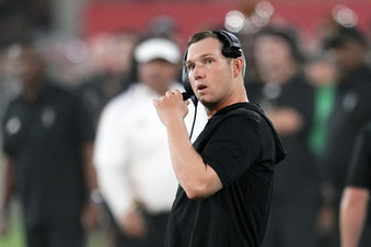 Arizona State head coach Kenny Dillingham pauses on the sideline after a touchdown scored by Oklahoma State during the second half of an NCAA college football game Saturday, Sept. 9, 2023, in Tempe, Ariz. Oklahoma State won 27-15. (AP Photo/Ross D. Franklin)
