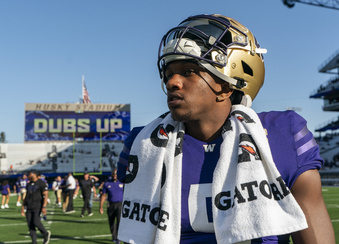 Washington quarterback Michael Penix Jr. walks on the field after a win over Tulsa in an NCAA college football game Saturday, Sept. 9, 2023, in Seattle. (AP Photo/Lindsey Wasson)