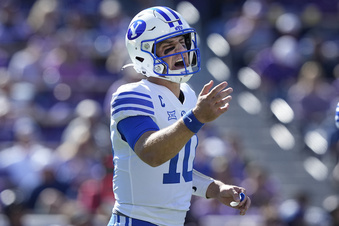 BYU quarterback Kedon Slovis (10) yells before playing from the line of scrimmage during the first half of an NCAA college football game against TCU, Saturday, Oct. 14, 2023, in Fort Worth, Texas. (AP Photo/LM Otero)
