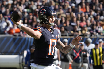 Chicago Bears quarterback Tyson Bagent passes against the Las Vegas Raiders in the first half of an NFL football game, Sunday, Oct. 22, 2023, in Chicago. (AP Photo/Nam Y. Huh)