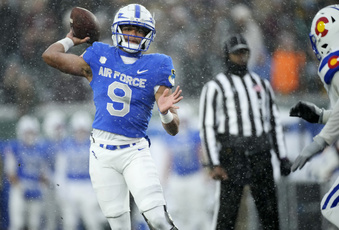 Air Force quarterback Zac Larrier looks to pass the ball in the first half of an NCAA college football game against Colorado State, Saturday, Oct. 28, 2023, in Fort Collins, Colo. (AP Photo/David Zalubowski)