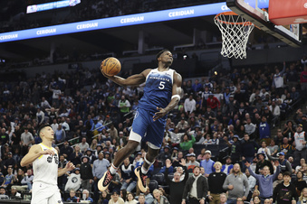 Minnesota Timberwolves guard Anthony Edwards (5) goes up to the basket during the second half of an NBA basketball game against the Utah Jazz, Saturday, Nov. 4, 2023, in Minneapolis. (AP Photo/Stacy Bengs)