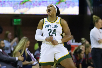 Baylor's Sarah Andrews reacts after during the first half of an NCAA college basketball game against Utah, Tuesday, Nov. 14, 2023, in Waco, Texas. (AP Photo/Julio Cortez)