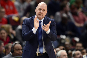 FILE - In this March 10, 2020, file photo, Chicago Bulls coach Jim Boylen cheers on players during the first half of the team's NBA basketball game against the Cleveland Cavaliers in Chicago. USA Basketball announced World Cup qualifying team coach Jim Boylen as its coach of the year for 2023. Boylen is now an assistant with the Indiana Pacers. (AP Photo/Paul Beaty, File)