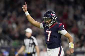 Houston Texans quarterback C.J. Stroud celebrates after a touchdown against the Cleveland Browns during the second half of an NFL wild-card playoff football game Saturday, Jan. 13, 2024, in Houston. (AP Photo/Eric Christian Smith)