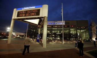 FILE - The marquee in front of the Energy Solutions Arena, formerly the Delta Center and home of the Utah Jazz, NBA basketball team, shows conflicting signage at dusk before a game against the Toronto Raptors Monday, Nov. 20, 2006, in Salt Lake City. The owners of the NBA’s Utah Jazz said Wednesday, Jan. 24, 2024, they have the immediate ability to bring an NHL team to Salt Lake City and requested the initiation of an expansion process.  (AP Photo/Steve C. Wilson, File)