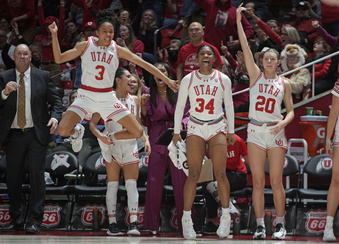 Utah's bench reacts during the second half of an NCAA college basketball game against UCLA, Monday, Jan. 22, 2024, in Salt Lake City. (AP Photo/Rick Bowmer)