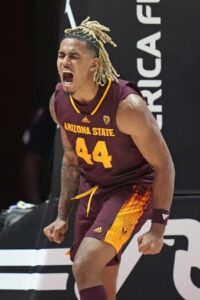 Arizona State guard Adam Miller (44) reacts after scoring against Utah during the second half of an NCAA college basketball game Saturday, Feb. 10, 2024, in Salt Lake City. (AP Photo/Rick Bowmer)