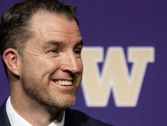 University of Washington's new men's basketball coach Danny Sprinkle meets the news media, Wednesday, March 27, 2024 in Seattle. (Ken Lambert/The Seattle Times via AP)