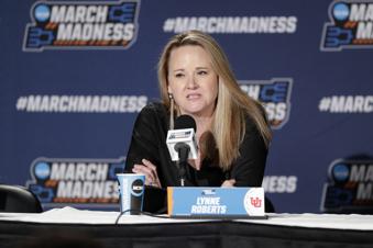 Utah head coach Lynne Roberts speaks during a press conference after a second-round college basketball game against Gonzaga in the NCAA Tournament in Spokane, Wash., Monday, March 25, 2024. (AP Photo/Young Kwak)
