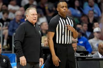Michigan State head coach Tom Izzo speaks to an official during the first half of a first-round college basketball game in that NCAA Tournament against Mississippi State, Thursday, March 21, 2024, in Charlotte, N.C. (AP Photo/Mike Stewart)