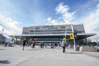 Fans make their way into the Delta Center before a first-round college basketball game between Long Beach State and Arizona in the NCAA Tournament in Salt Lake City, Thursday, March 21, 2024. (AP Photo/Isaac Hale)
