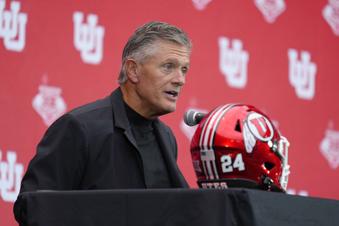 Utah head coach Kyle Whittingham speaks during the Big 12 NCAA college football media days in Las Vegas, Tuesday, July 9, 2024. (AP Photo/Lucas Peltier)