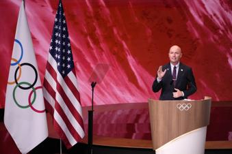 Utah Gov. Spencer Cox speaks about Salt Lake City's bid to host the 2034 Winter Olympics, during the 142nd IOC session at the 2024 Summer Olympics, Wednesday, July 24, 2024, in Paris, France. (AP Photo/David Goldman)