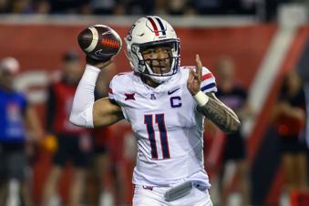 Arizona quarterback Noah Fifita looks to pass the ball against Utah during an NCAA college football game Saturday, Sept. 28, 2024, in Salt Lake City, Utah. (AP Photo/Tyler Tate)