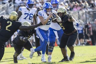 BYU quarterback Jake Retzlaff, Center, is sacked by Central Florida's defense during the first half of an NCAA college football game, Saturday, Oct. 26, 2024, in Orlando, Fla. (AP Photo/Kevin Kolczynski)