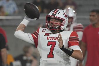 Utah quarterback Cameron Rising warms up before an NCAA college football game against Arizona State, Friday, Oct. 11, 2024, in Tempe, Ariz. (AP Photo/Rick Scuteri)