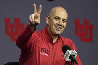 Utah head coach Craig Smith addresses the media during the NCAA college Big 12 men's basketball media day, Wednesday, Oct. 23, 2024, in Kansas City, Mo. (AP Photo/Charlie Riedel)