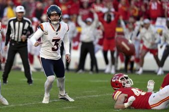 Denver Broncos kicker Wil Lutz (3) chases after the ball after his last-second field goal attempt was blocked during the second half of an NFL football game against the Kansas City Chiefs Sunday, Nov. 10, 2024, in Kansas City, Mo. The Chiefs won 16-14. (AP Photo/Charlie Riedel)