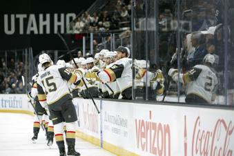 Vegas Golden Knights celebrate center Tomas Hertl (48) goal against Utah Hockey Club during the second period of an NHL hockey game, Friday, Nov. 15, 2024, in Salt Lake City. (AP Photo/Melissa Majchrzak)