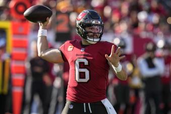 Tampa Bay Buccaneers quarterback Baker Mayfield (6) passes in the pocket against the Las Vegas Raiders during the second half of an NFL football game, Sunday, Dec. 8, 2024, in Tampa, Fla. (AP Photo/Chris O'Meara)