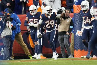 Denver Broncos cornerback Ja'Quan McMillian (29) celebrates his 46-yard interception return for a touchdown during the second half of an NFL football game against the Cleveland Browns, Monday, Dec. 2, 2024, in Denver. (AP Photo/Jack Dempsey)