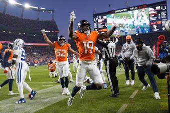 Denver Broncos' Marvin Mims Jr. celebrates after a long return during the second half of an NFL football game against the Indianapolis Colts Sunday, Dec. 15, 2024, in Denver. (AP Photo/Jack Dempsey)