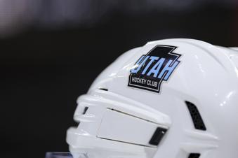 FILE - The Utah Hockey Club logo is seen on the helmet of center Nick Schmaltz (8) during the third period of an NHL hockey game against the Minnesota Wild, Dec. 20, 2024, in St. Paul, Minn. (AP Photo/Matt Krohn, file)