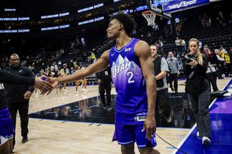 Utah Jazz guard Collin Sexton (2) celebrates following an NBA basketball game against the Orlando Magic in Salt Lake City, Saturday, Feb. 1, 2025. (Tess Crowley/The Deseret News via AP)